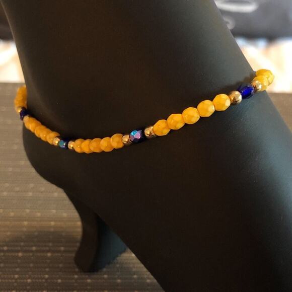 Yellow & Blue Beaded Handmade Ankle Bracelet - Picture 1 of 8